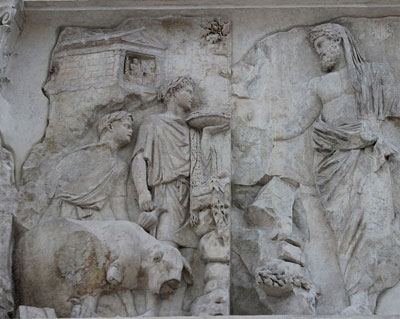 古代ローマコイン　共和政期　前106年　スルピキウス・ガルバ　デナリウス銀貨　ペナテス(家庭・国家の守護神)の肖像　ローマ建国神話の雌ブタ